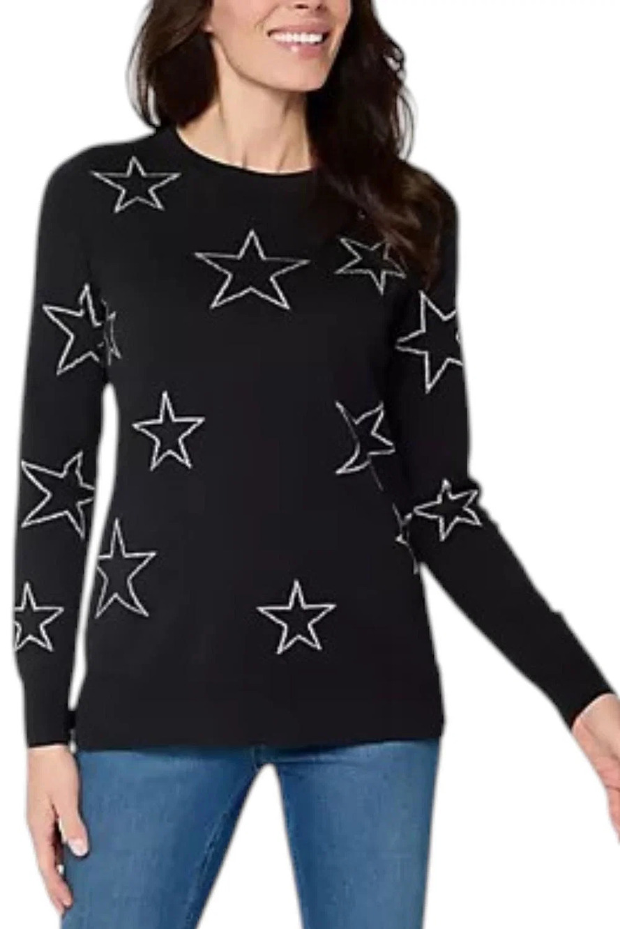 Belle by Kim Gravel Women`s Sketchy Open Shining Star Sweater Black - Regular